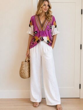 Anthropologie Purple Floral Embroidered V-Neck Tunic